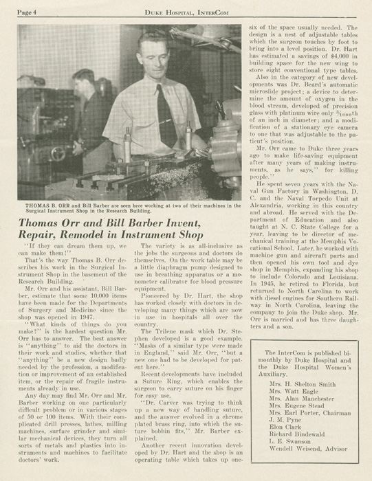Intercom article about the Surgical Instrument Shop Staff, 1955