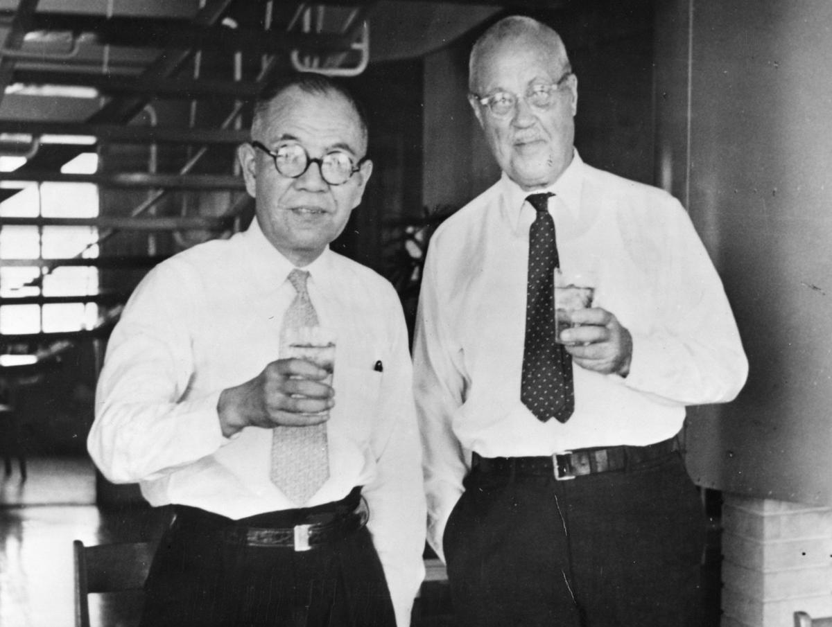 Davison enjoying sake with Dr. Michihiko Hachiya on a trip to Japan in 1954
