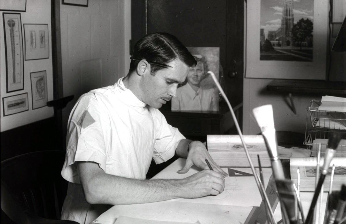 Bob Blake at work in the Division of Medical Illustration during his time with Civilian Public Service Unit #61, ca. 1943